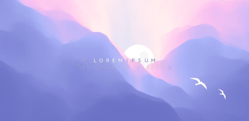 Clouds skysunen Härlig soluppgång med flygseagulls Liggande med berg abstrakt bakgrund vektor stock illustrationer
