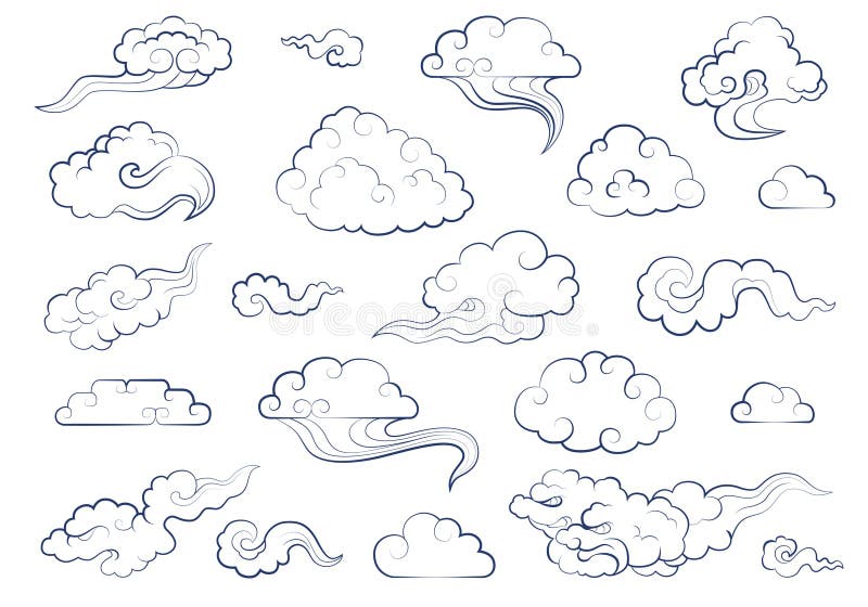 Clouds in traditional Chinese style. Big set of weather elements clouds, fog, cloudlet, wind