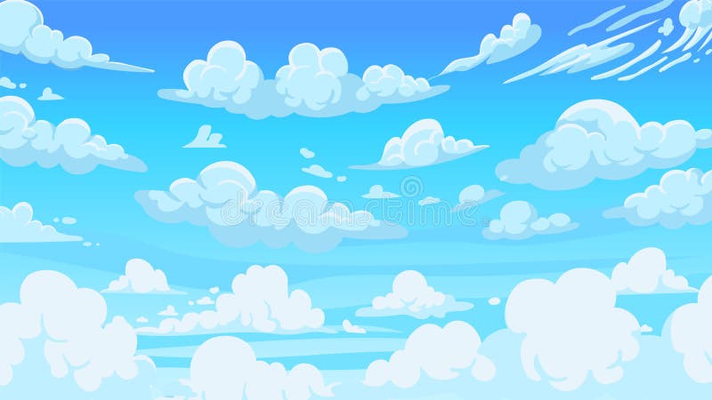 Cloudy Sky Background. Cartoon Atmospheric Anime Scenery with White