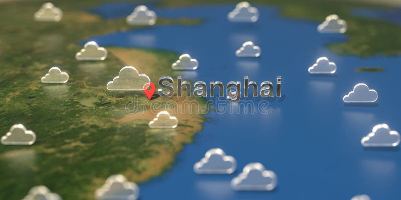 Cloudy Weather Icons Near Shanghai City On The Map Weather Forecast Related 3d Rendering Stock Illustration Illustration Of China Sign