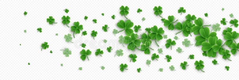 Clover shamrock 3d vector irish pattern. St Patrick day realistic green border for banner with leaf confetti. Isolated on transparent background. Four lucky grass leaves symbol for advertising. Clover shamrock 3d vector irish pattern. St Patrick day realistic green border for banner with leaf confetti. Isolated on transparent background. Four lucky grass leaves symbol for advertising