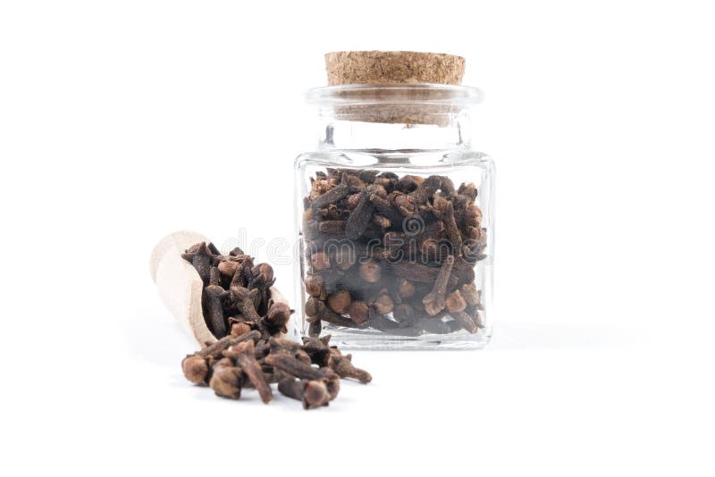 Cloves in wooden scoop and jar on isolated on white background. Closeup.