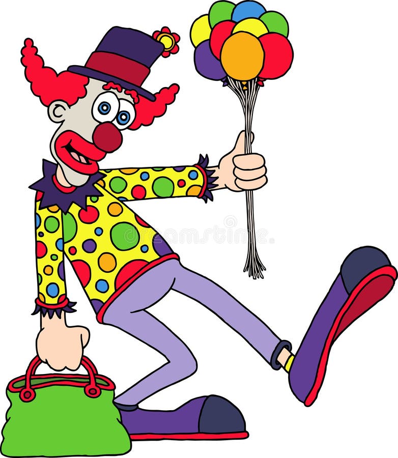 Illustration of a clown wearing a spotted clown shirt and big clown shoes, carrying a bunch of colourful balloons and a bag.