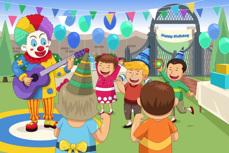 Clown på ett ungefödelsedagparti stock illustrationer Clown på ett ungefödelsedagparti stock illustrationer