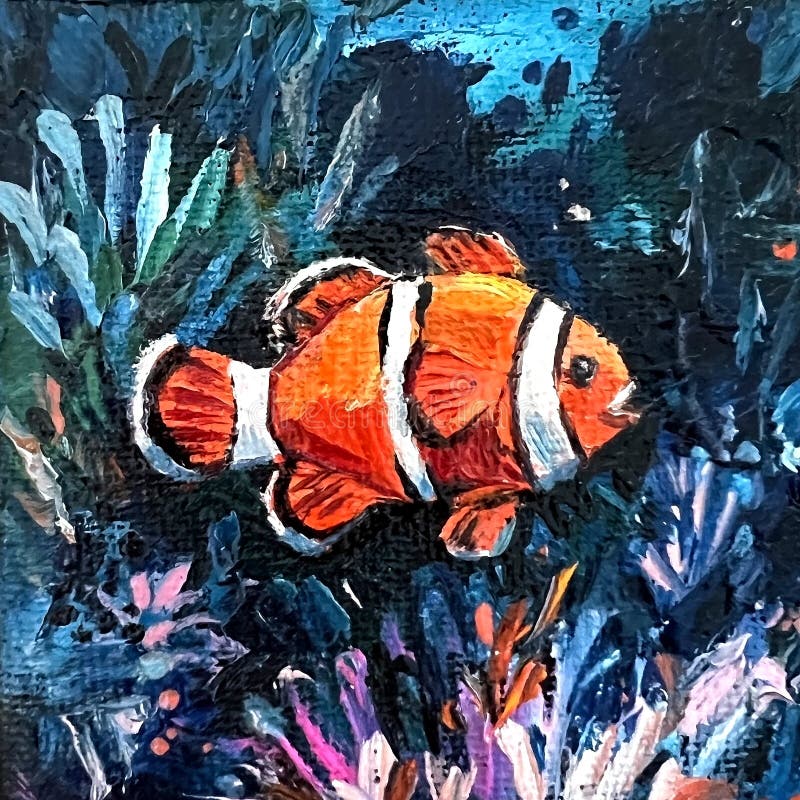 Clownfish acrylic painting underwater tropical reef ocean marine fish sea life coral vibrant colorful art hand painted royalty free stock photo