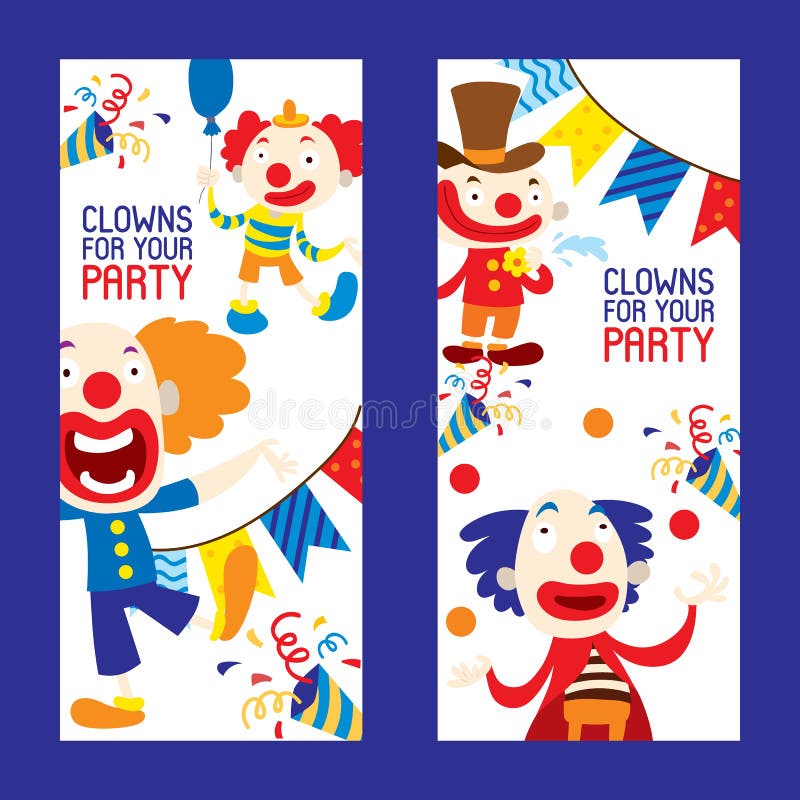 Clowns for your party set of banners vector illustration. Funny characters and different circus accessories. Cartoon