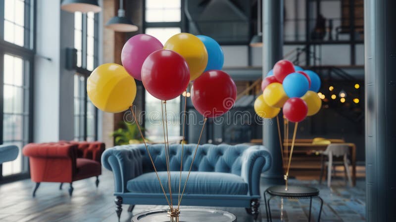 A cluster of colorful balloons decorates a modern office space for an event. Generative AI stock photography