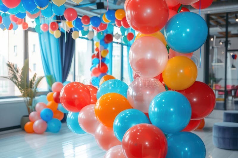 A cluster of colorful balloons, likely in corporate colors, decorates an office event. Generative AI royalty free stock photo