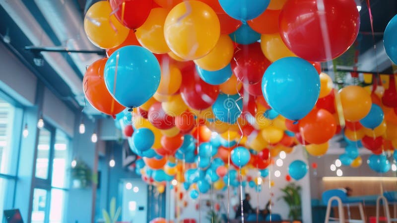 A cluster of colorful balloons, likely in corporate colors, hangs from the ceiling of a modern office space. Its a stock photography