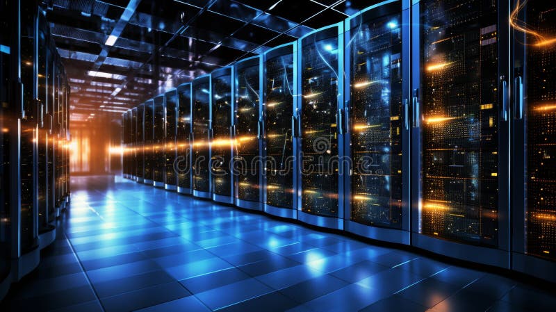 Cluster of data storage drives in advanced server facility for efficient data management stock photo
