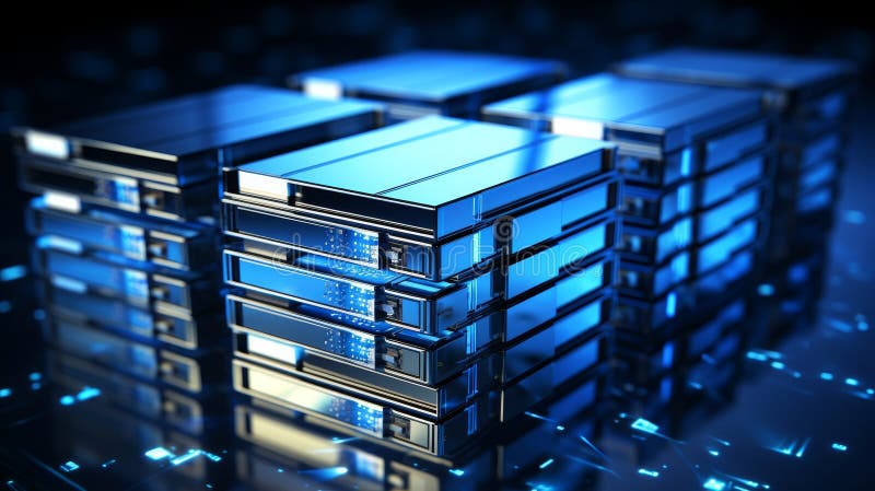 Cluster of data storage drives in a server room environment for efficient data management stock photos