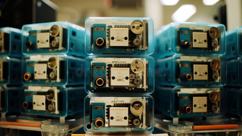 Cluster of data storage drives in a server room environment for efficient data management stock photo