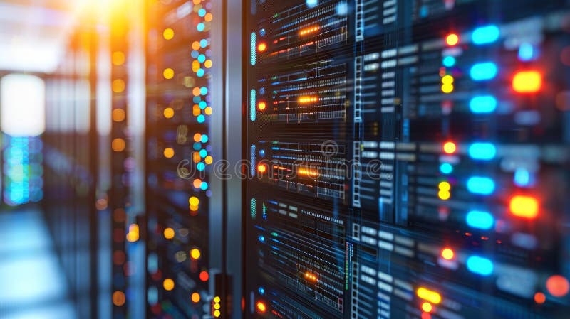 Cluster of hard drives in data storage system within server facility for efficient data management stock photography