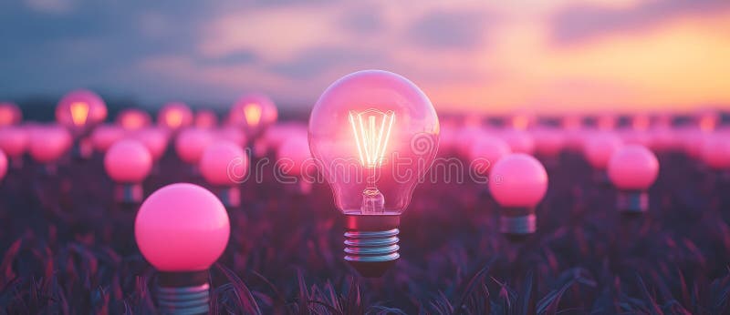 A cluster of identical light bulbs, all dark, except for one in the center that radiates a warm, bright light royalty free stock images