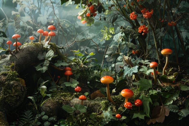 A cluster of mushrooms growing on the forest floor, surrounded by lush greenery royalty free stock photography