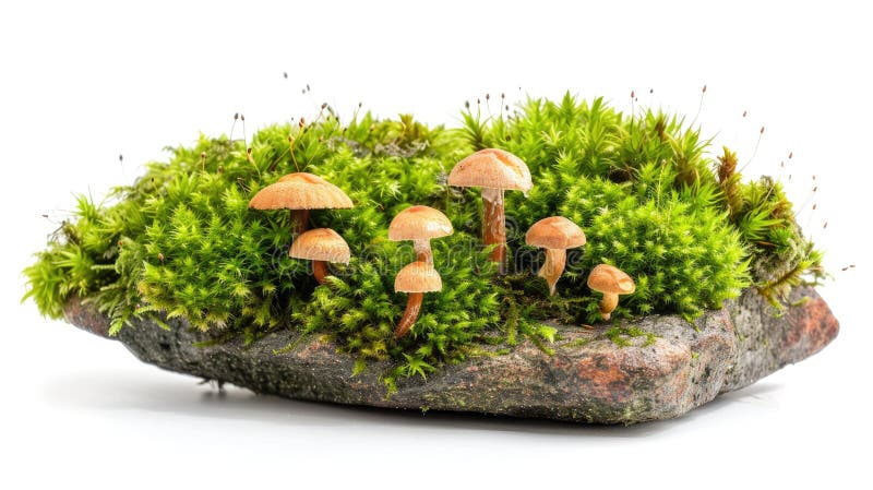 A cluster of mushrooms growing on a moss-covered rock stock photos