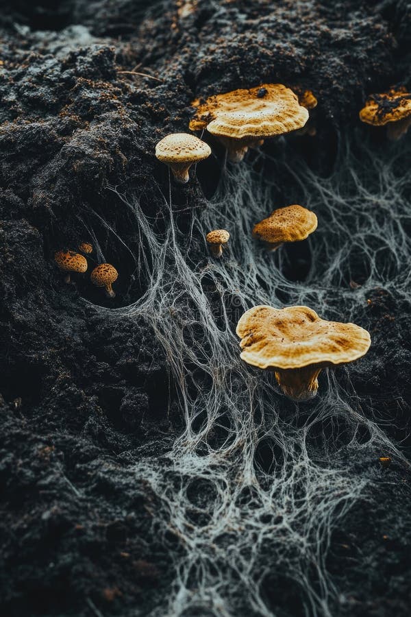 A cluster of mushrooms growing out of a mound of earth royalty free stock photo