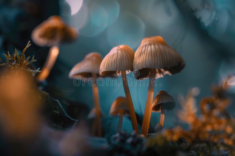 A cluster of mushrooms growing on a vibrant green grassy area royalty free stock image