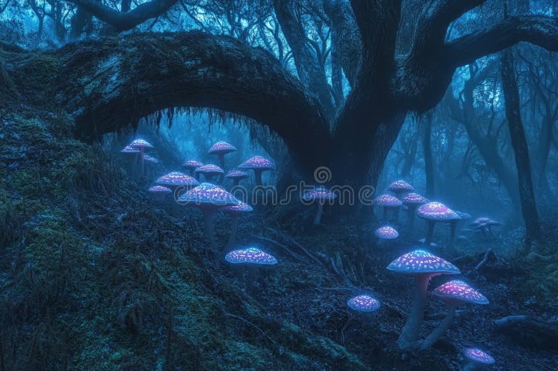 A cluster of mushrooms growing in the woods, great for backgrounds or nature-inspired designs stock photo