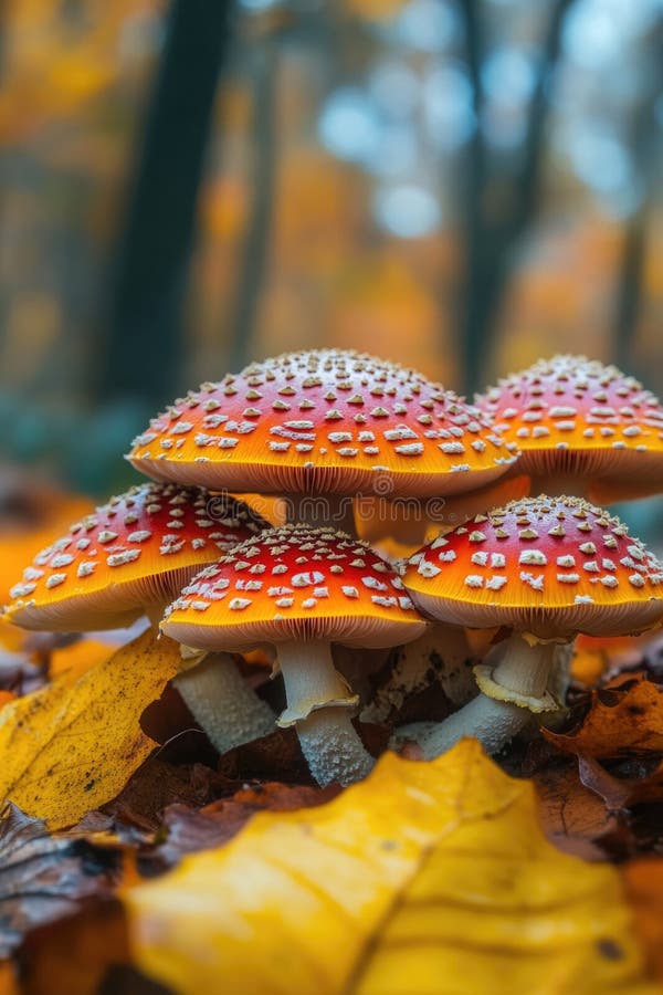 A cluster of mushrooms perched atop a pile of fallen leaves vector illustration