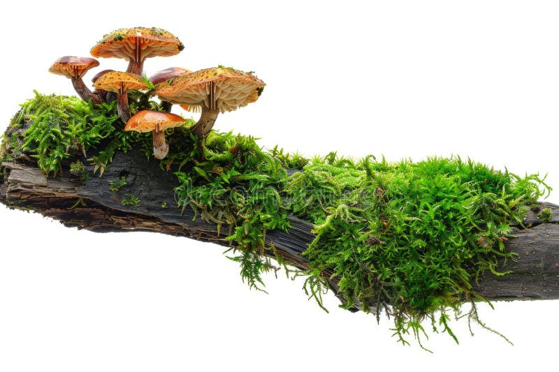 A cluster of mushrooms perched on the end of a tree branch, with foliage surrounding them royalty free stock photography