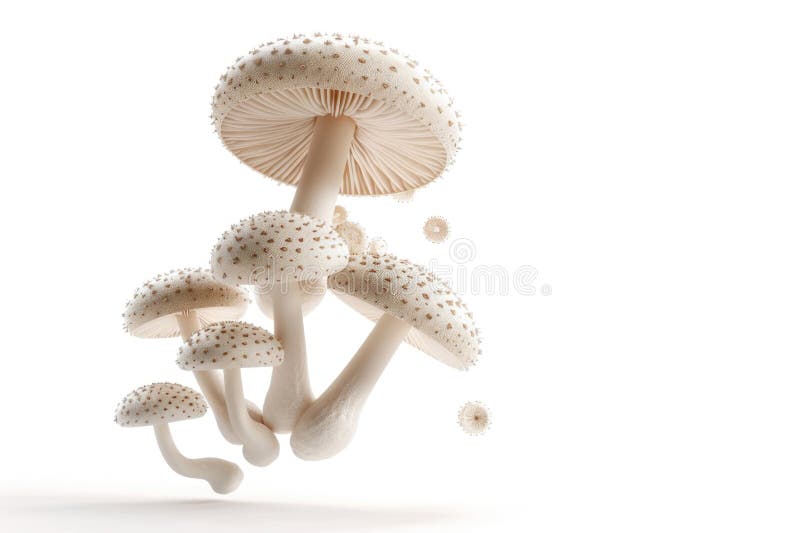 A cluster of mushrooms suspended in mid-air, defying gravity stock image