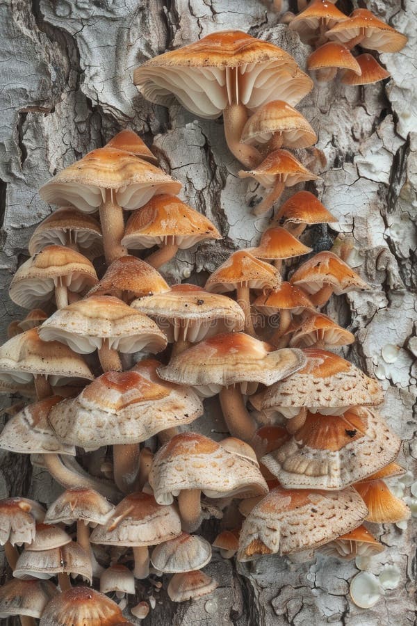 Cluster of mushrooms on tree trunk, ideal for nature backgrounds stock photography