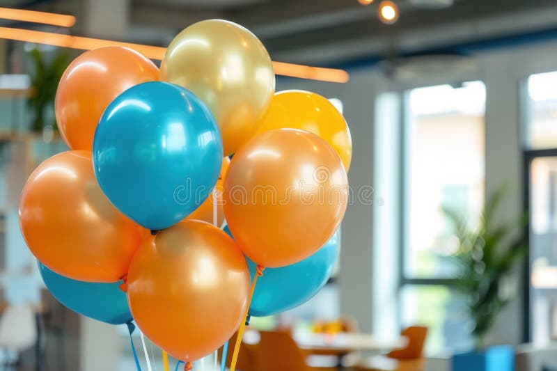 A cluster of orange, blue, and gold balloons decorate an office event, adding a festive touch to the celebration stock images