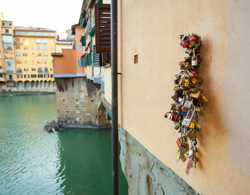 Cluster of Padlocks on Ponte Vecchio Bridge Editorial Photography