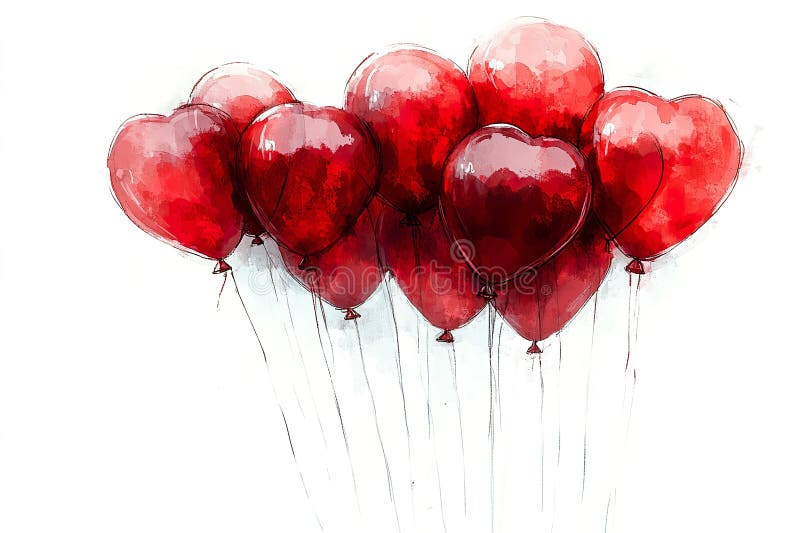 A cluster of red heart shaped balloons floats gently stock image