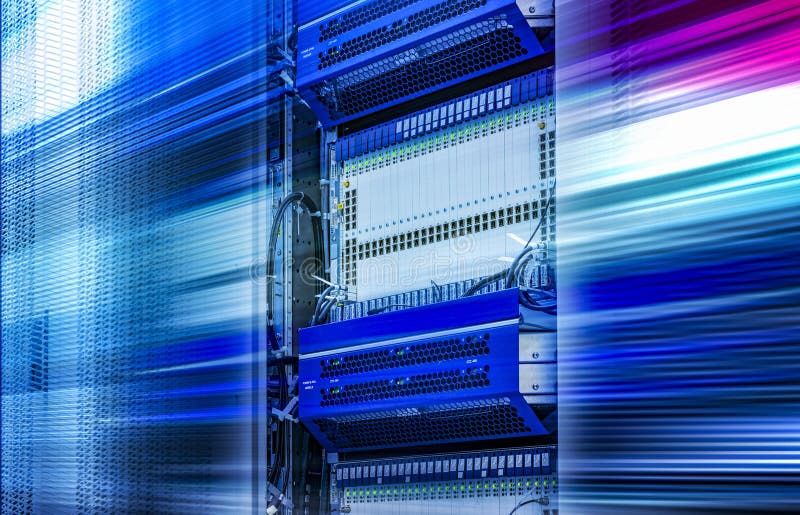 Cluster in server room speed light line motion blur 3d rendering stock illustration Cluster in server room speed light line motion blur 3d rendering stock illustration