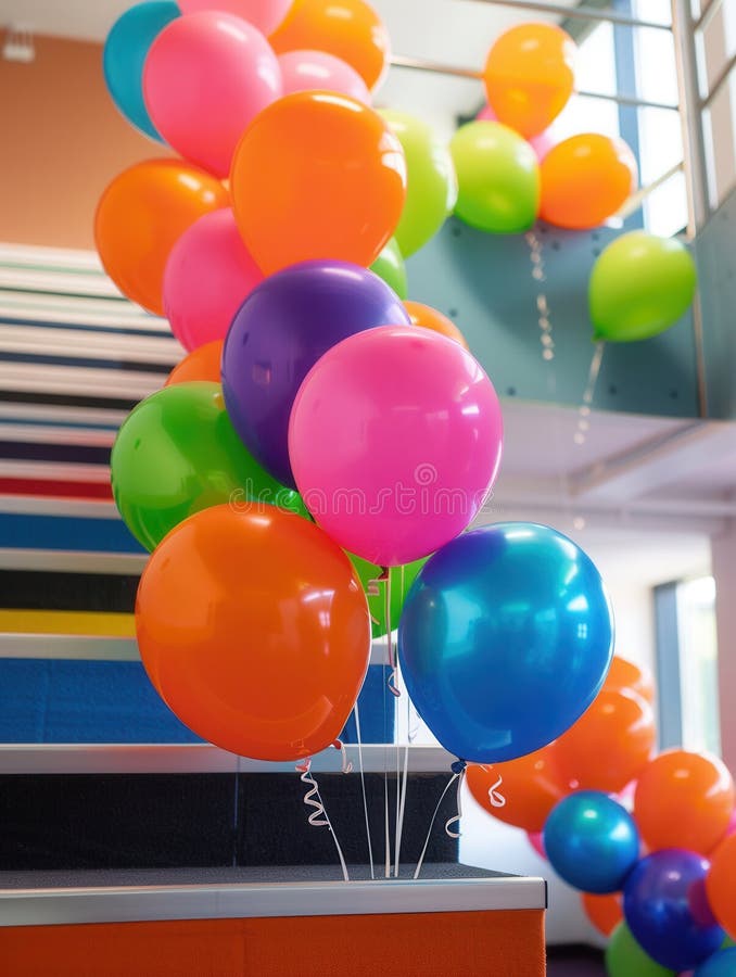 A cluster of vibrant balloons in corporate colors decorates an office event. The balloons are arranged in a cascading royalty free stock photos
