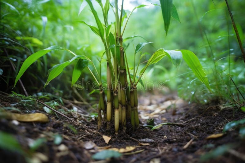 Cluster of Young Bamboo Shoots Sprouting from Ground Stock Photo