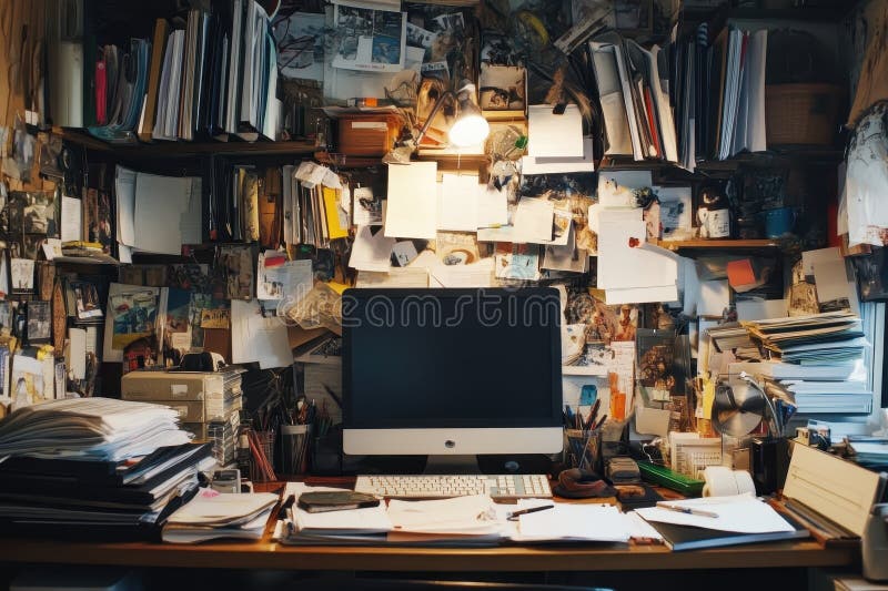 A cluttered desk with a computer and a wall full of papers and photographs stock illustration