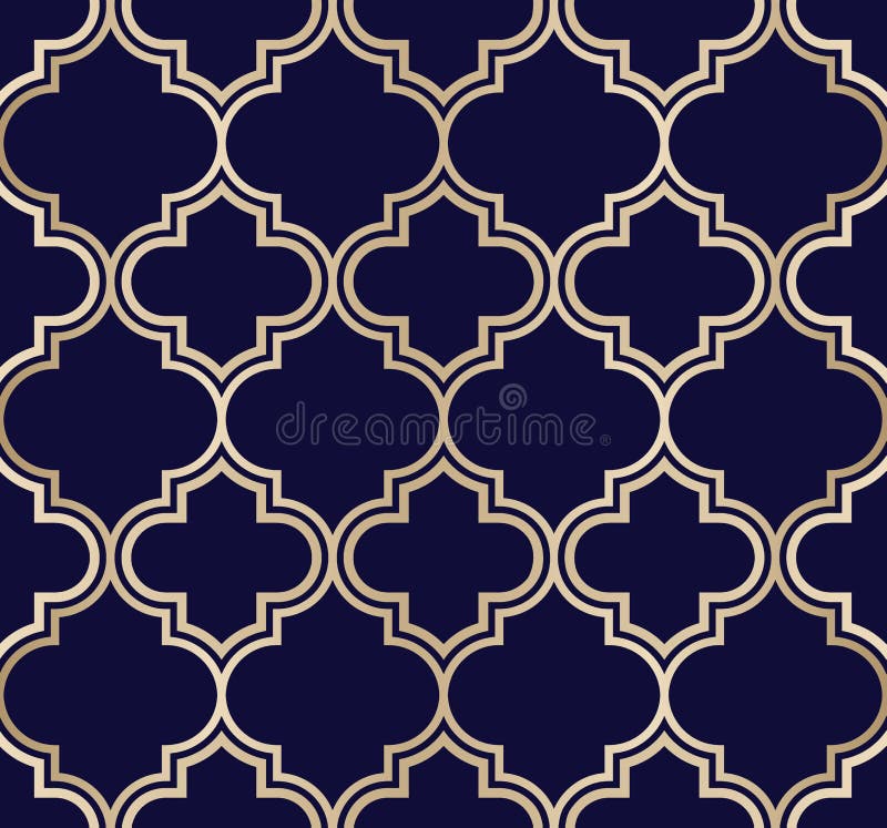 Clássico elegante teste padrão sem emenda ouro-colorido do vetor marroquino da treliça em escuro - fundo azul ilustração stock Clássico elegante teste padrão sem emenda ouro-colorido do vetor marroquino da treliça em escuro - fundo azul ilustração stock