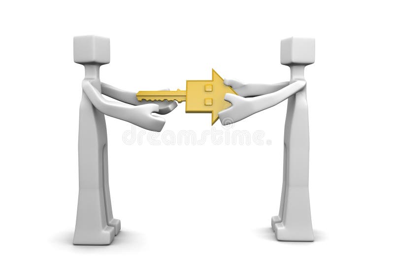 Man handover a gold house key to owner 3d illustration. Man handover a gold house key to owner 3d illustration