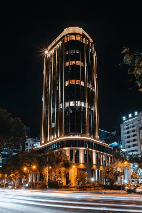 Clădire modernă înaltă, iluminată noaptea, în peisaj urban royalty free illustration