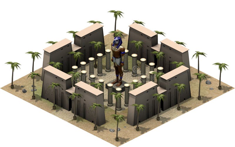 Clădiri izometrice ale Egiptului antic statuie a lui Dumnezeu Horus 3d redare stock illustration