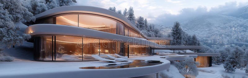 Clădiri luxoase cu curbe aerodinamice și terase îndrăznețe integrate fără probleme în peisajul zăpezit stock photos