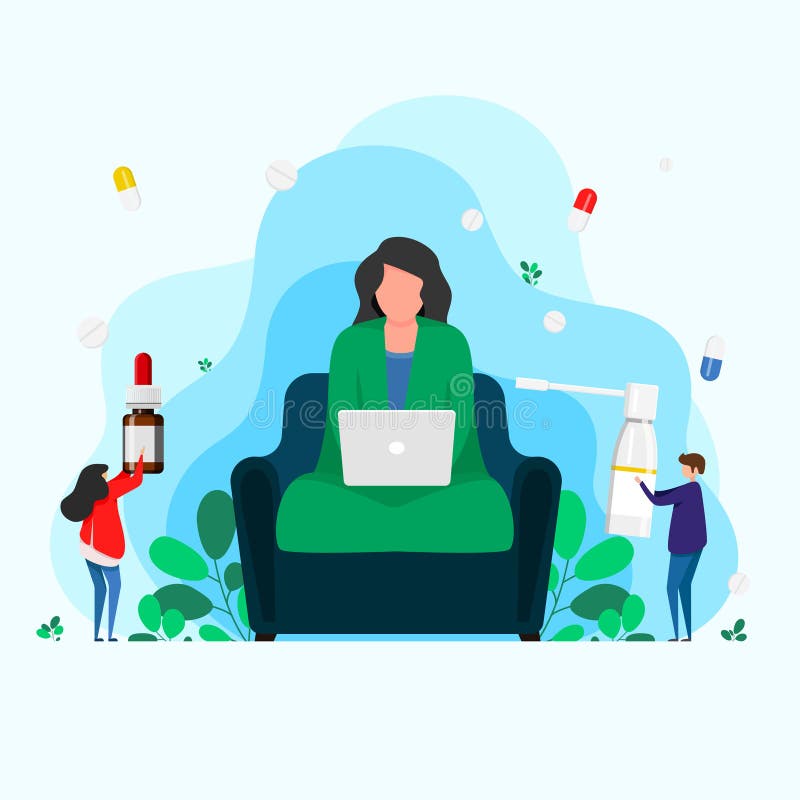Sick woman with sore throat sitting on a chair inside the house. Seasonal health problem, infection, virus. Medicine healthcare co stock illustration