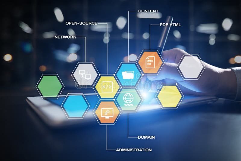 CMS De pictogrammen van het systeemtoepassingen van het inhoudsbeheer op het virtuele scherm Zaken, Internet en technologieconcep stock foto's CMS De pictogrammen van het systeemtoepassingen van het inhoudsbeheer op het virtuele scherm Zaken, Internet en technologieconcep stock foto's