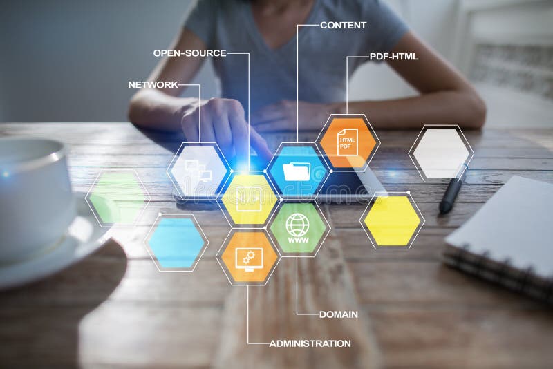 CMS De pictogrammen van het systeemtoepassingen van het inhoudsbeheer op het virtuele scherm Zaken, Internet en technologieconcep royalty-vrije stock afbeelding CMS De pictogrammen van het systeemtoepassingen van het inhoudsbeheer op het virtuele scherm Zaken, Internet en technologieconcep royalty-vrije stock afbeelding