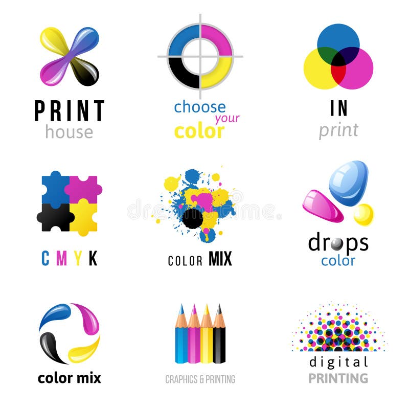CMYK-embleemmalplaatjes royalty-vrije illustratie CMYK-embleemmalplaatjes royalty-vrije illustratie