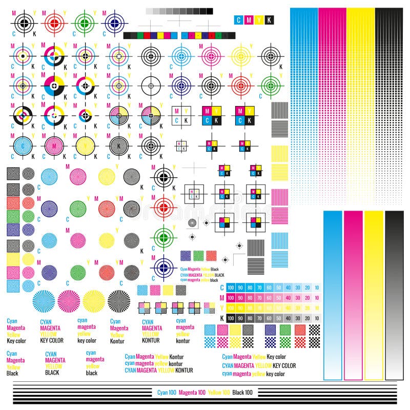 CMYK color management elements. Publishing graphic symbol utilities. Press mark. Calibration, cutting marks. EPS 10 vector file. CMYK color management elements. Publishing graphic symbol utilities. Press mark. Calibration, cutting marks. EPS 10 vector file