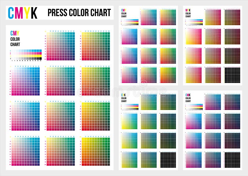 CMYK press color chart. Vector color palette, CMYK process printing match. Color management, quality control in print production.