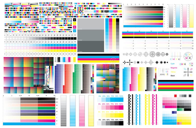 CMYK print test color offset vector calibration printing marks, color bar CMYK and color test chart.