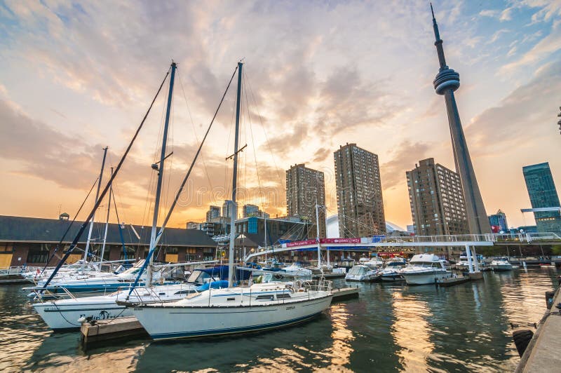 CN Tower with yatch berth on the foreground. CN Tower with yatch berth on the foreground