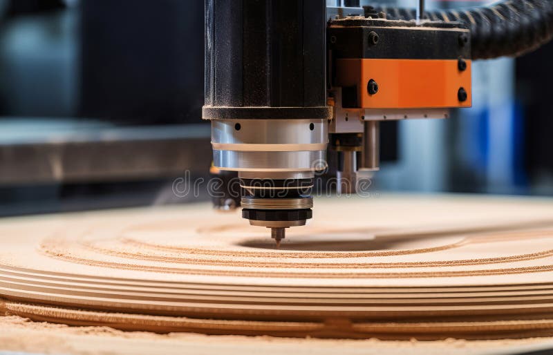 CNC machine cuts shapes on wood plywood close-up.