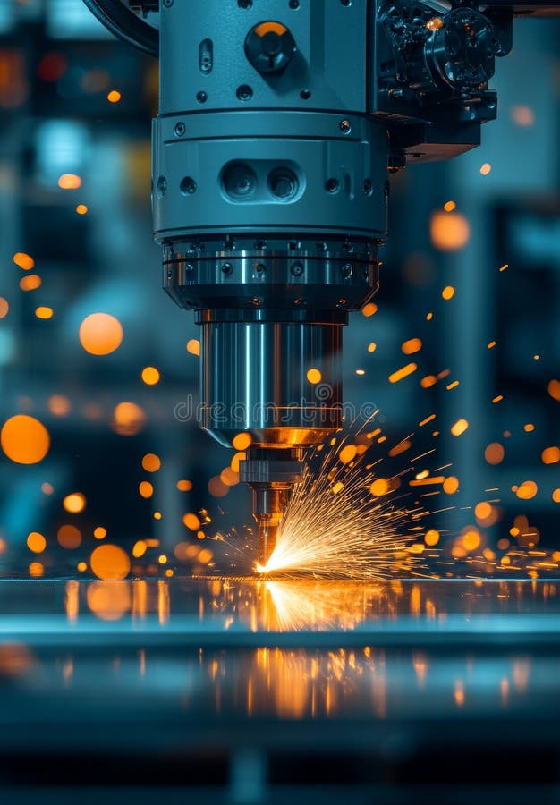 The CNC milling machine is actively engaged in metal cutting, generating sparks as part of industrial manufacturing royalty free stock photo