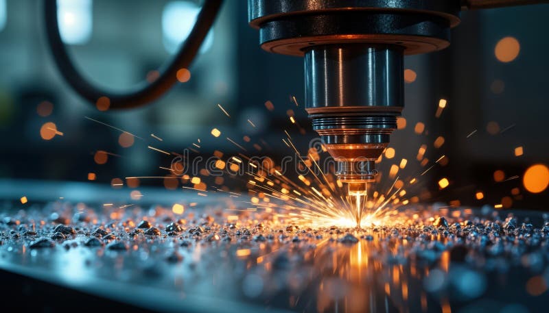 CNC milling machine cuts metal creating sparks. Precision machining process. Industrial manufacturing environment. High tech vector illustration
